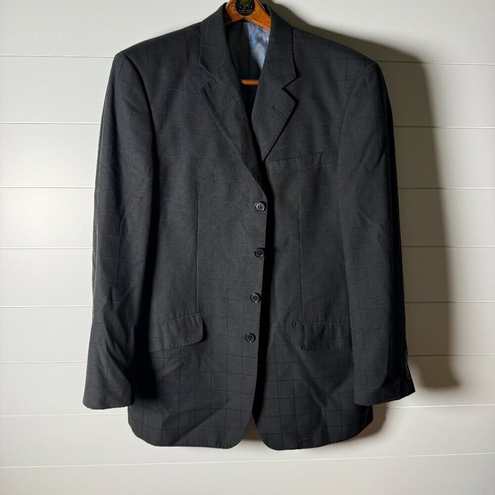 Vicci Uomo Suit Black Window Pane 4 Button Jacket & Pants Cuffed Hem Sz 42L/35W